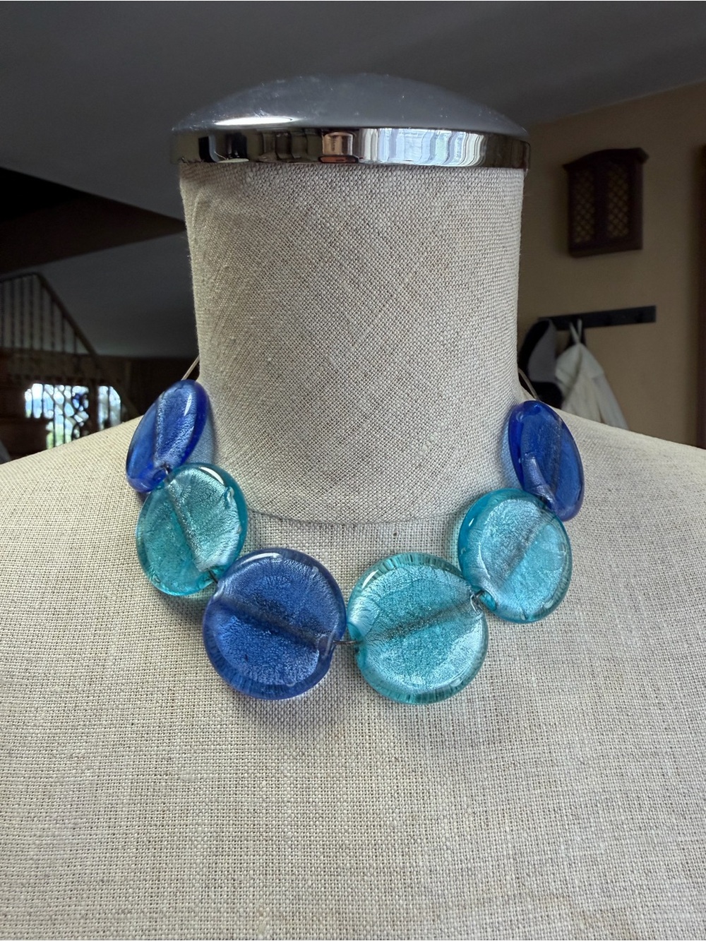 Vintage MJI Italy 925 Sterling Silver Murano Glass Statement Disc Necklace